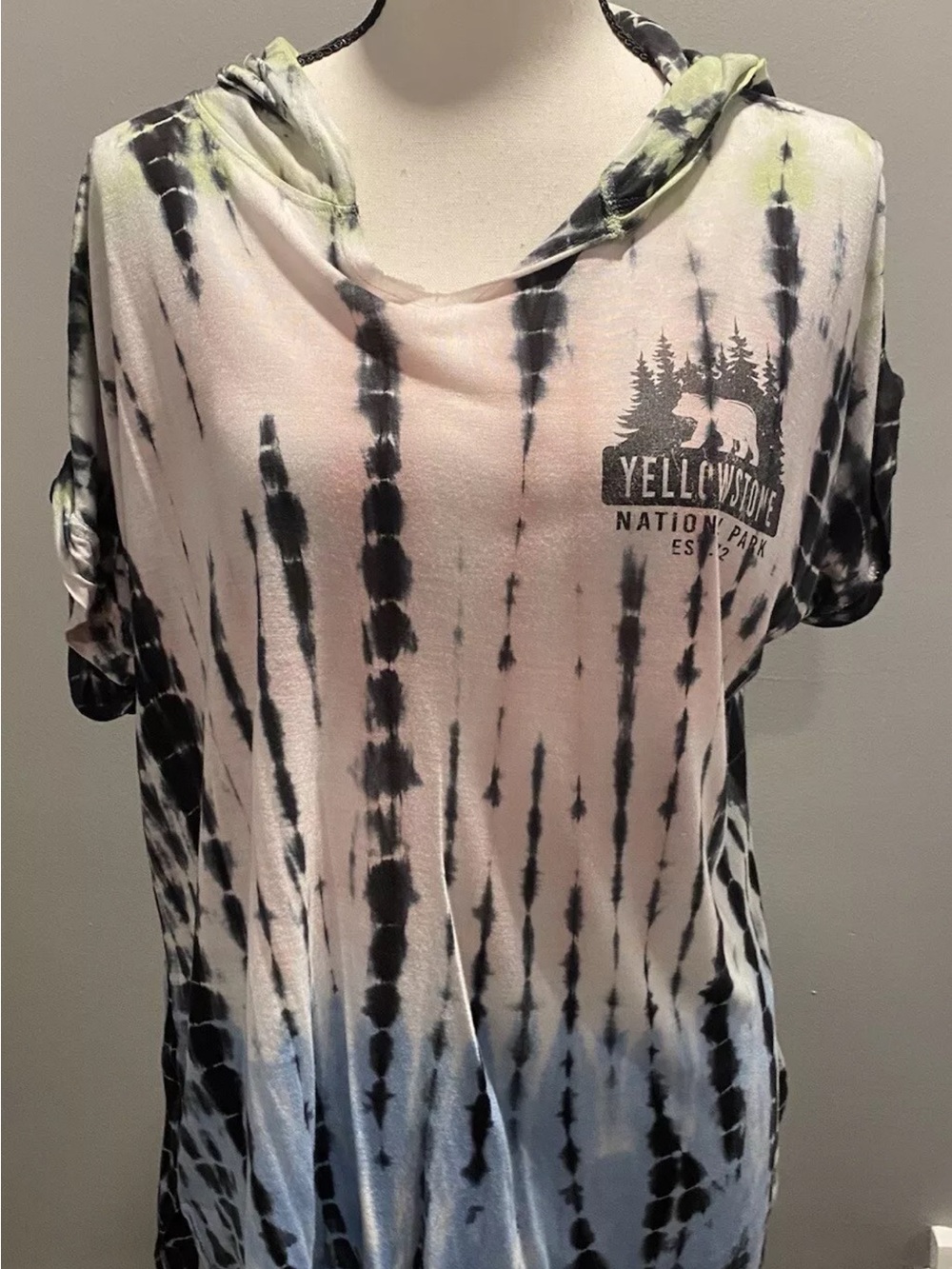 Stunning Tye Dye Yellowstone National Park Hooded Short  Sleeve Top